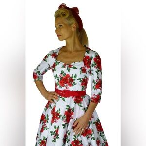 Hell Bunny Vixen Red Rose Floral Swing Dress Rockabilly White SZ L